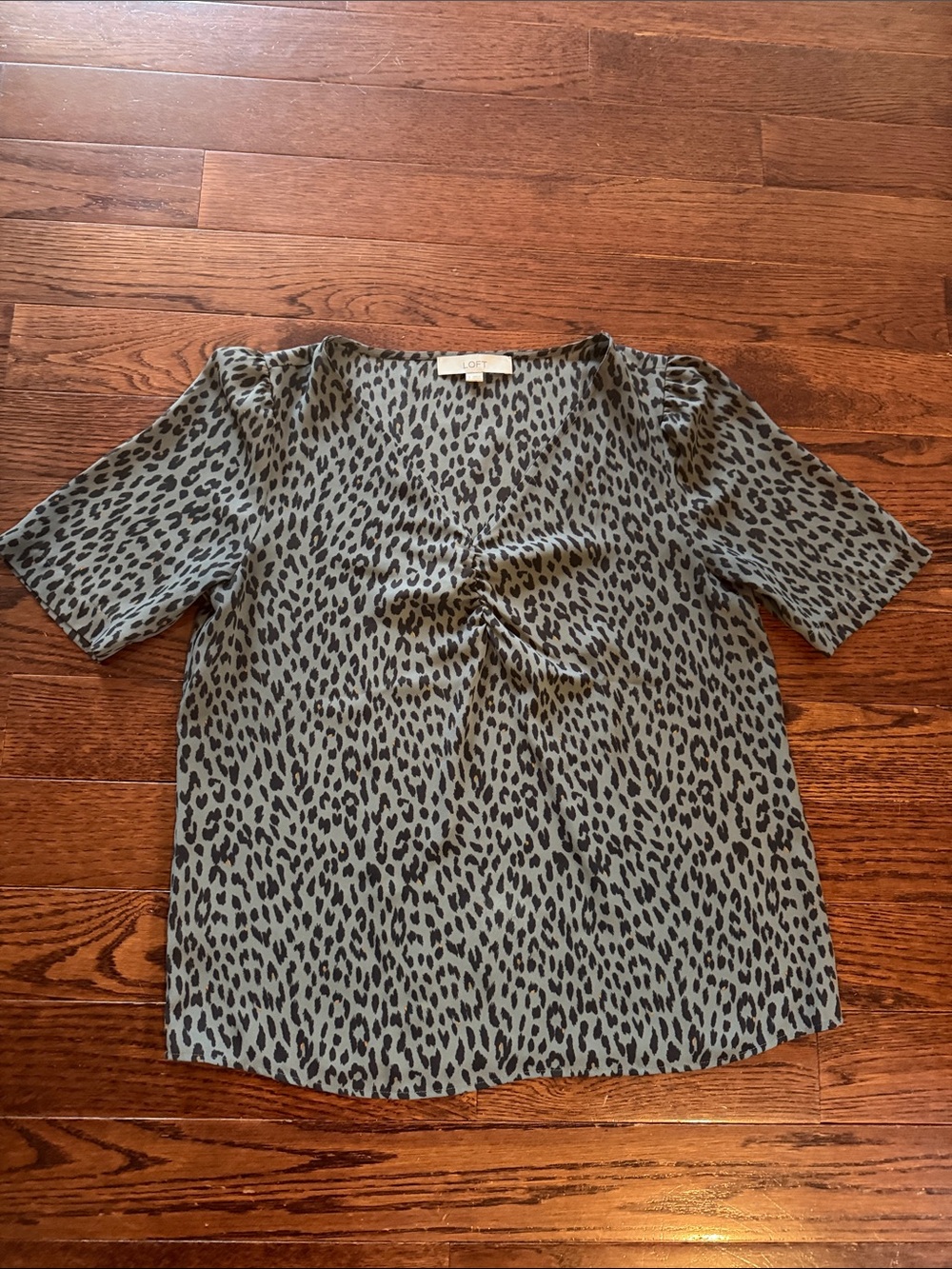 LOFT Green and Black Leopard-Print Short Sleeve Blouse